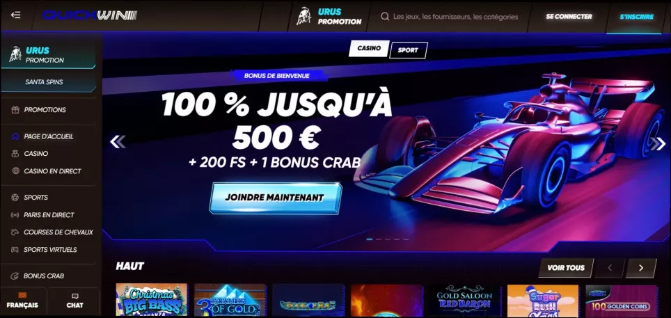 Quick win casino : 500€ bonus + 200 tours gratuits